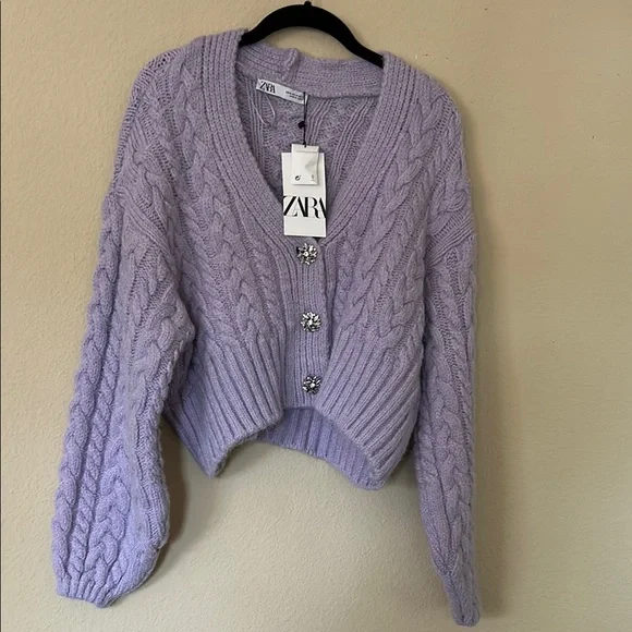 NWT Zara Purple Rhinestone Button Cable Knit Cardigan Sweater Medium - Picture 5 of 11